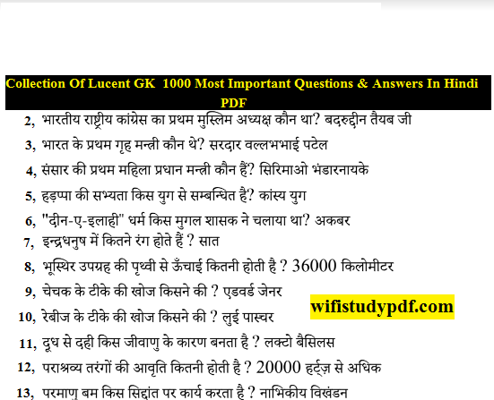 Collection Of Lucent GK 1000 Most Important Questions & Answers In Hindi PDF