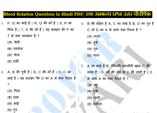 Blood Relation Questions in Hindi PDF