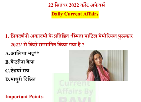 Current Affairs 22 September 2022 : Daily in Hindi PDF