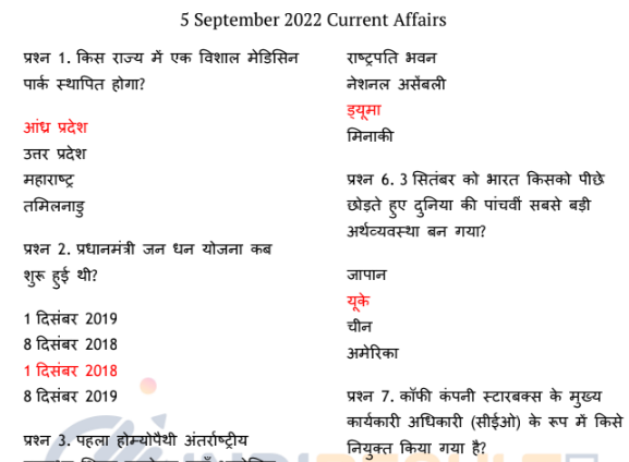 Current Affairs 5 September 2022: Daily in Hindi PDF