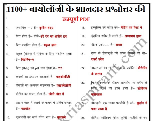 Biology 1100+One Liner Question Answer PDF In Hindi